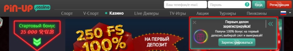 Pop-up форма на сайте Pin Up Casino