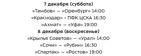 Расписание игр в РПЛ  7 и 8 декабря 2019